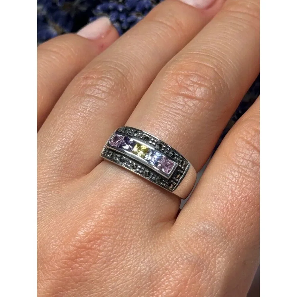 VINTAGE 925 STERLING SILVER TOURMALINES & MARCASITE RING SIZE 8